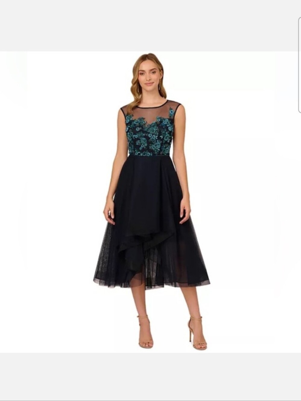 Adrianna Papell Cocktail Dress Beaded Tulle Midi Size 10 Midnight Formal Wedding